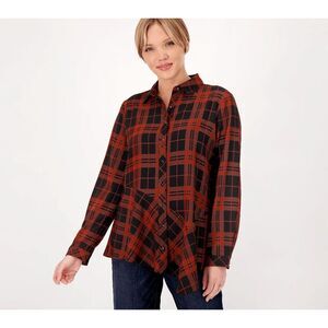 Susan Graver Women 3X Printed Stretch Woven Button Front Top Red Black Plaid NWT
